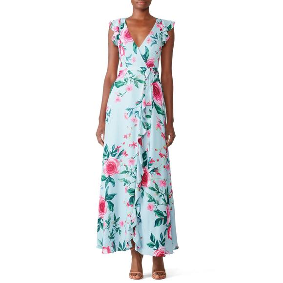 Fame and Partners The Nora Wrap Maxi Dress Women's 4 Blue Floral Flutter Sleeve - Picture 1 of 11